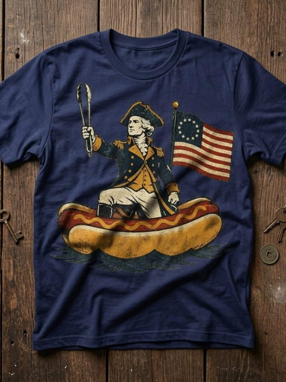 Vintage Geogre Washington Hot Dog Patriotic USA Graphic Tee Funny Shirt
